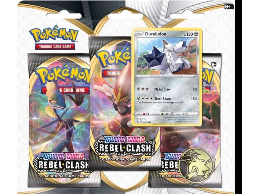 Pokémon Sword & Shield Rebel Clash 3 boosterpakker + mønt og glimmerkort - Duraludon