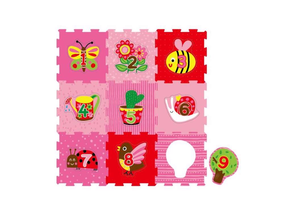 Skummåtte med dyr og tal i pink på 88 x 88 cm